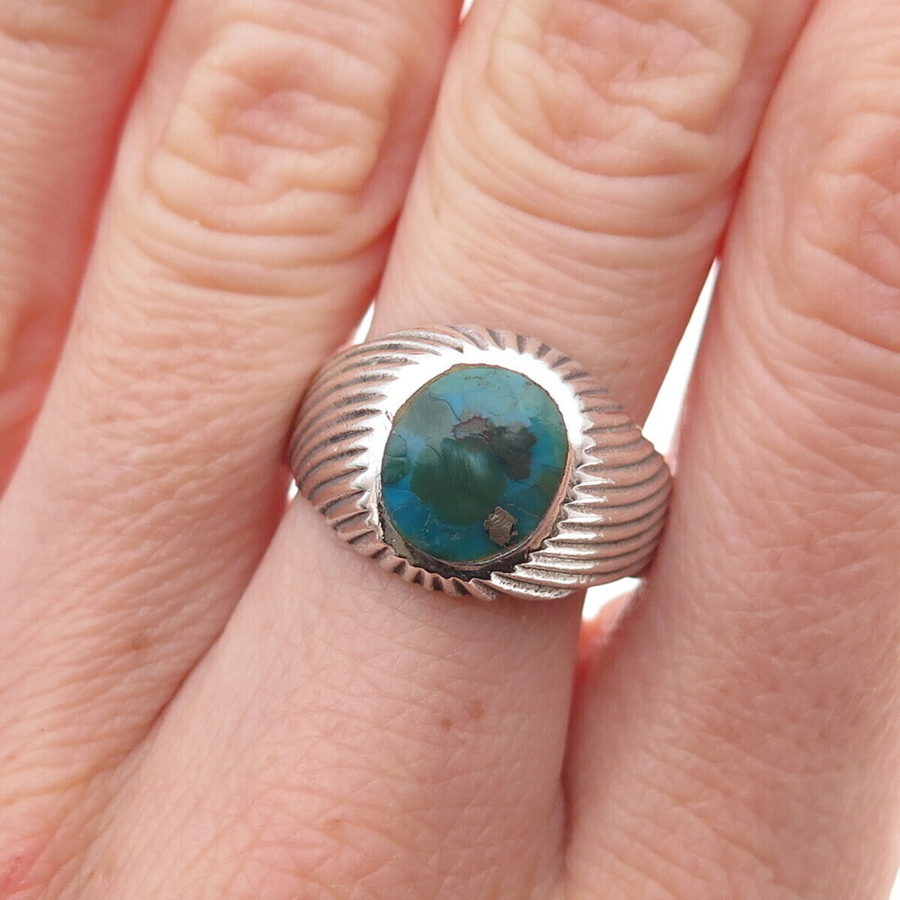 925 Sterling Silver Vintage Real Turquoise Ribbed Oxidized Ring Size 9